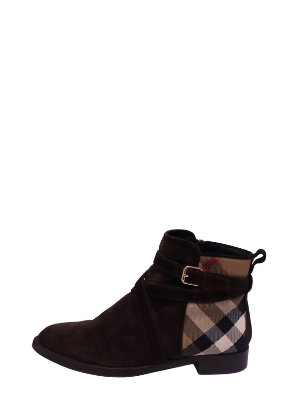 Burberry dark chocolate-brown suede ankle boot featuring signature beige and black check side panels, wraparound suede buckle strap, gold-tone hardware and low block heel.