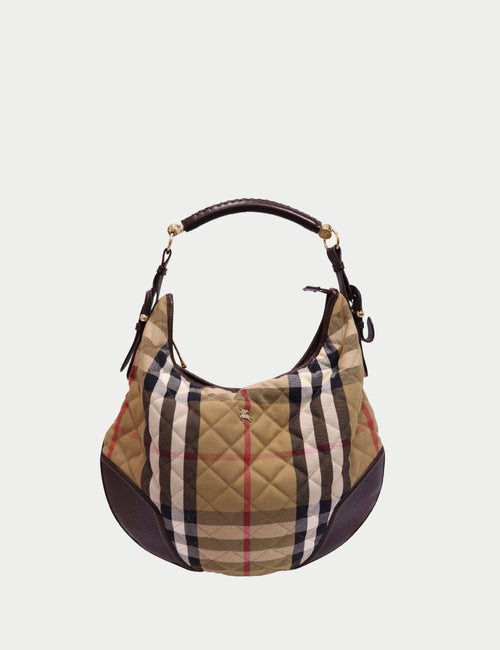 Burberry quilted check hobo bag with brown leather trim and gold hardware

