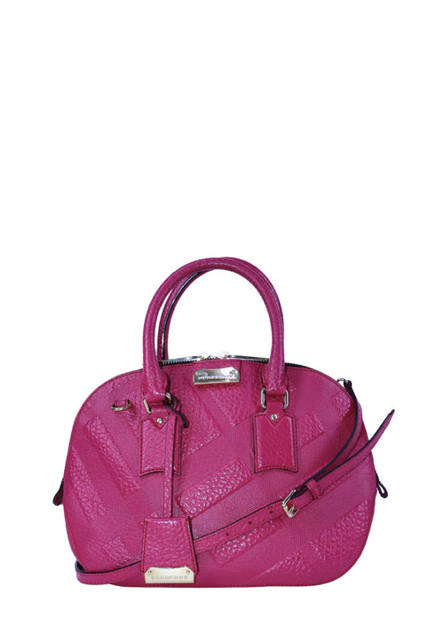 Burberry fuchsia embossed leather top handle bag with detachable shoulder strap