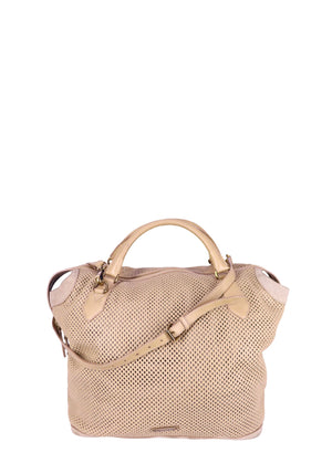 Burberry beige perforated leather hobo bag with top handles, detachable shoulder strap, and gold-tone hardware