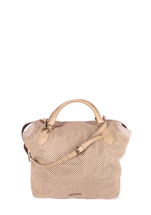 Burberry beige perforated leather hobo bag with top handles, detachable shoulder strap, and gold-tone hardware