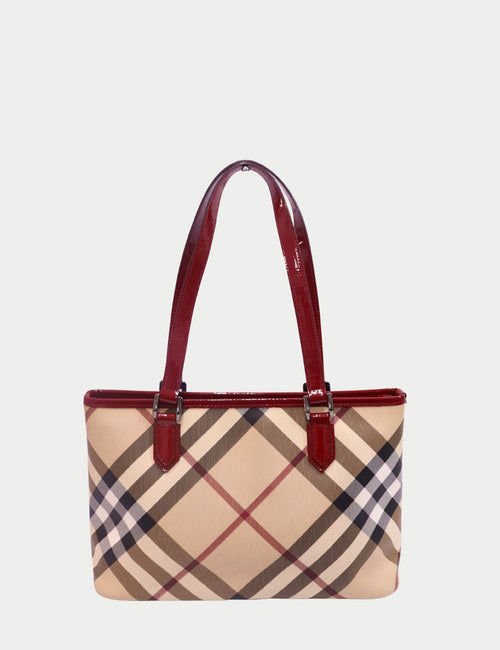 Burberry Nova Check canvas tote bag with red patent leather trim and handles

