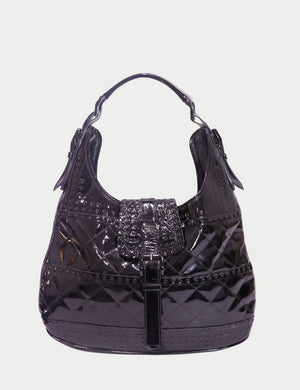 Burberry black patent leather quilted hobo bag with buckle flap and studded trim

