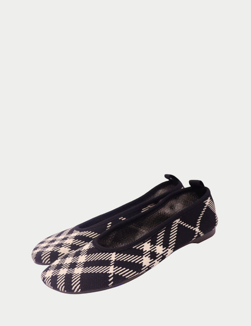Burberry black and white check knit ballerina flats with rounded toe and slip-on design

