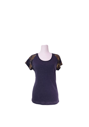 Butterfly by Matthew Williamson navy short sleeve T-shirt featuring gold and black sequin embellished shoulders and a scoop neckline.