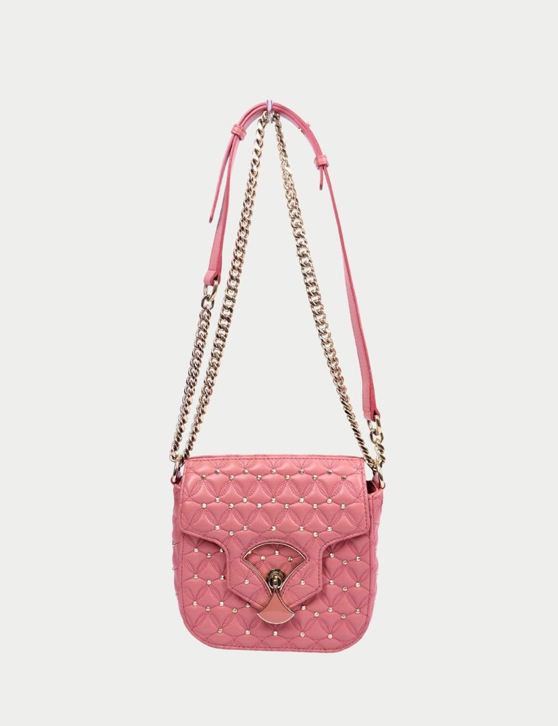 BVLGARI Divas’ Dream pink quilted leather crossbody bag with gold-tone chain strap, stud detailing, and fan-shaped clasp
