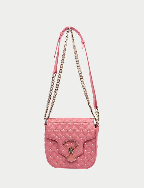 BVLGARI Divas’ Dream pink quilted leather crossbody bag with gold-tone chain strap, stud detailing, and fan-shaped clasp