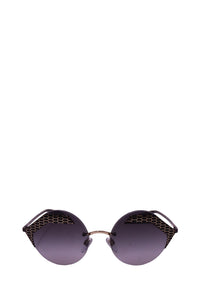 Authentic Bvlgari Serpenti rimless geometric sunglasses with black temples, hexagonal detailing, and grey gradient lenses.