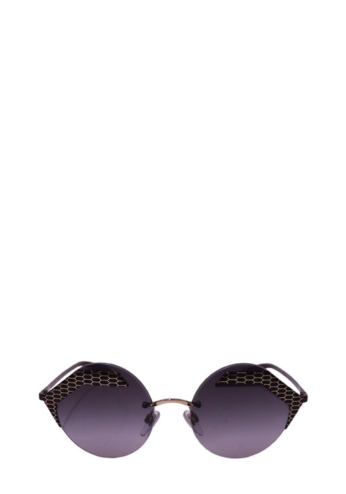 Authentic Bvlgari Serpenti rimless geometric sunglasses with black temples, hexagonal detailing, and grey gradient lenses.