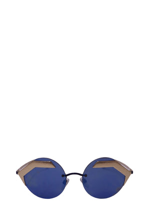 Authentic Bvlgari Serpenti rimless geometric sunglasses with blue mirrored lenses and gold-tone hexagonal detailing.