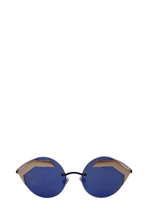 Authentic Bvlgari Serpenti rimless geometric sunglasses with blue mirrored lenses and gold-tone hexagonal detailing.