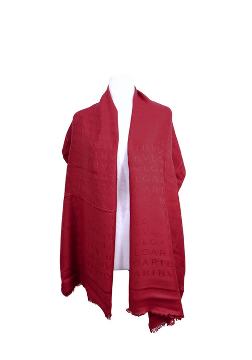 Bvlgari red logo jacquard scarf with tonal monogram pattern and fringed edges