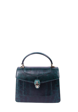 Bvlgari Serpenti structured top handle bag in teal python-effect leather with signature snake head closure.