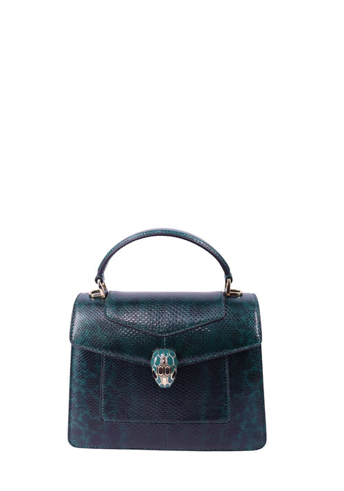 Bvlgari Serpenti structured top handle bag in teal python-effect leather with signature snake head closure.