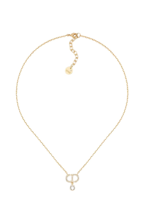 Christian Dior gold CD logo necklace with crystal pendant and delicate chain