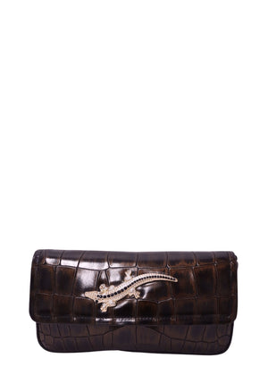 Class Roberto Cavalli dark brown crocodile-embossed flap crossbody bag with gold-tone chain strap and rhinestone-embellished lizard motif