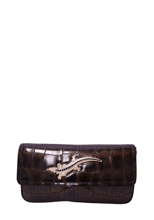 Class Roberto Cavalli dark brown crocodile-embossed flap crossbody bag with gold-tone chain strap and rhinestone-embellished lizard motif
