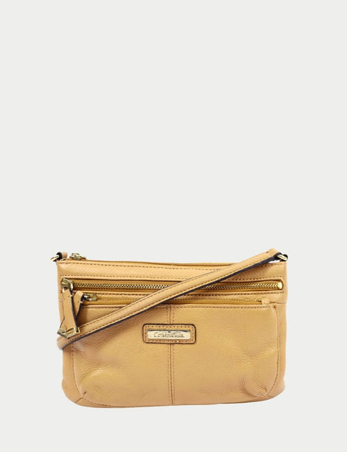 Calvin Klein tan leather crossbody bag with zip pockets