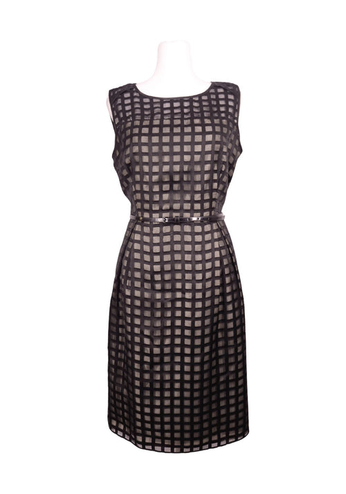 Calvin Klein black sleeveless sheath dress with checkered sheer overlay and belt detail
