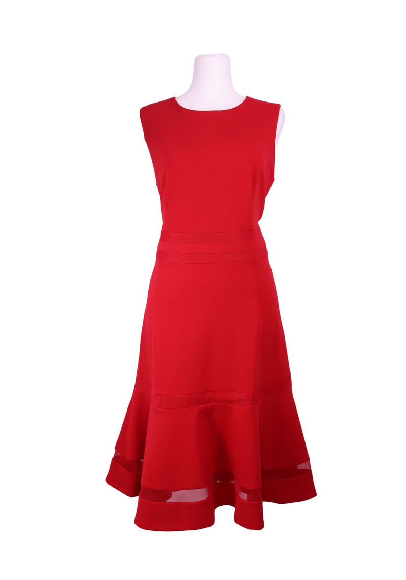 Calvin Klein red sleeveless fit and flare dress with structured waist and ruffle hem detail