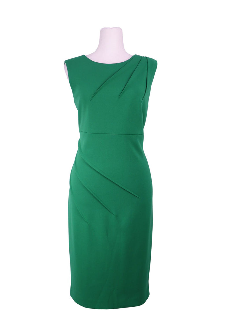 Calvin Klein green sleeveless sheath dress with draped detailing and fitted silhouette