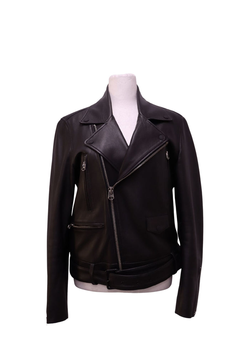 Calvin Klein black leather biker jacket with silver-tone zips and belted waist