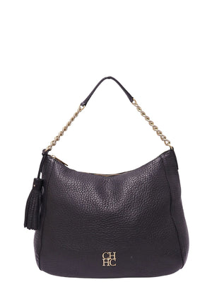 Carolina Herrera black pebbled leather hobo shoulder bag with gold-tone chain strap, CH HC monogram and leather tassel