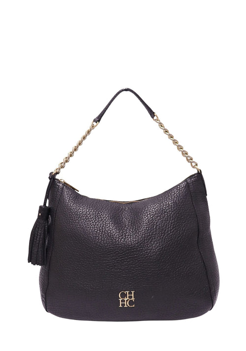 Carolina Herrera black pebbled leather hobo shoulder bag with gold-tone chain strap, CH HC monogram and leather tassel
