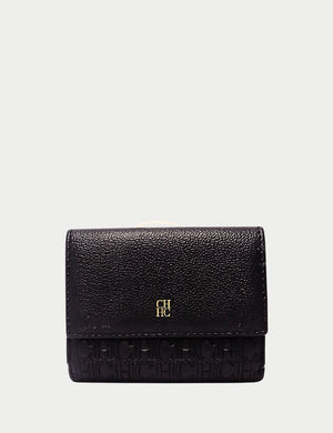Carolina Herrera black leather wallet with gold CH logo, pebbled texture, and embossed CH monogram base