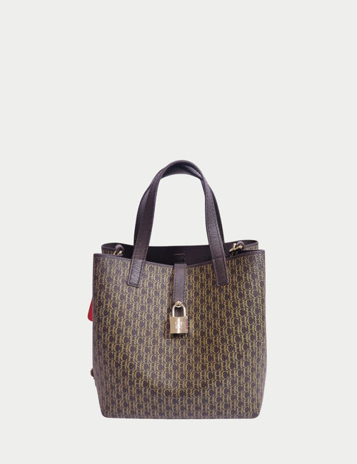 Carolina Herrera brown monogram tote bag with dual handles and gold padlock detail