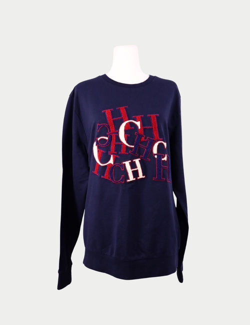 Carolina Herrera navy sweatshirt with red CH logo embroidery
