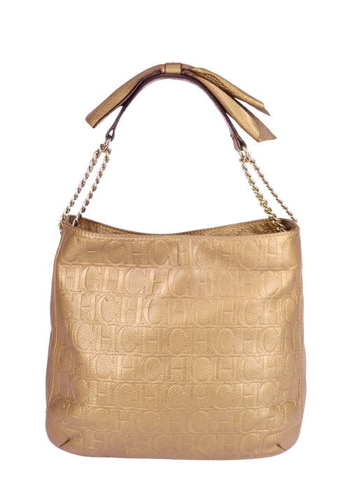 Carolina Herrera gold monogram leather shoulder bag with chain straps and bow detail