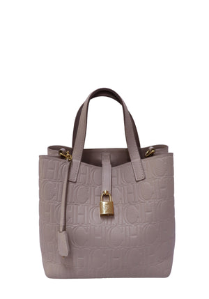 Carolina Herrera grey leather tote bag with embossed CH monogram and gold-tone padlock