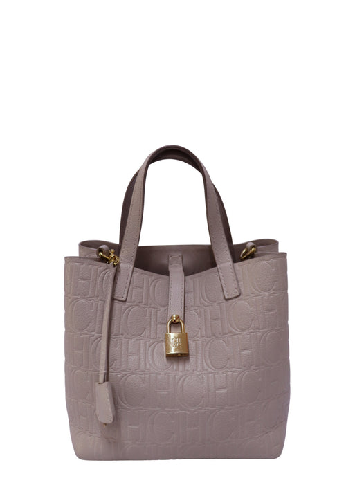Carolina Herrera grey leather tote bag with embossed CH monogram and gold-tone padlock