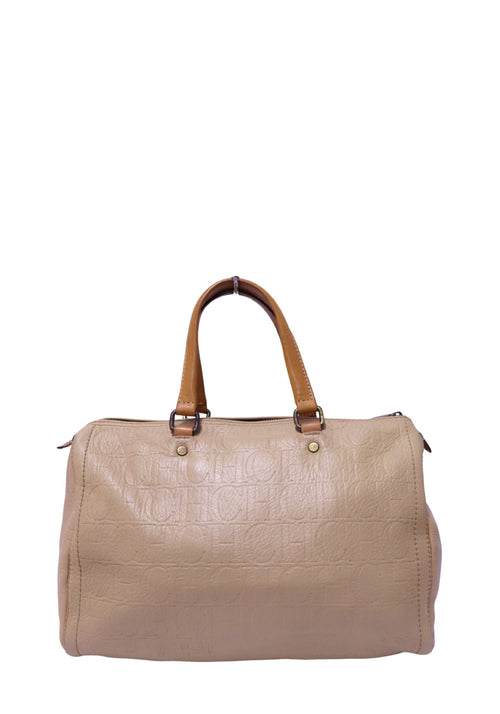 Carolina Herrera cream embossed CH monogram leather bowling bag with tan leather rolled handles and zip-top closure.