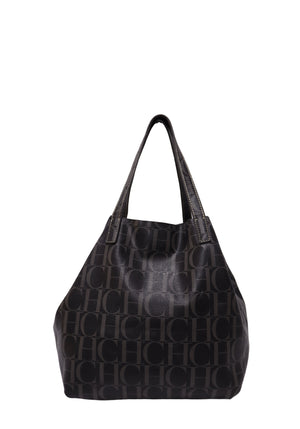 Carolina Herrera CH monogram canvas tote bag with black leather shoulder straps and an open-top design.