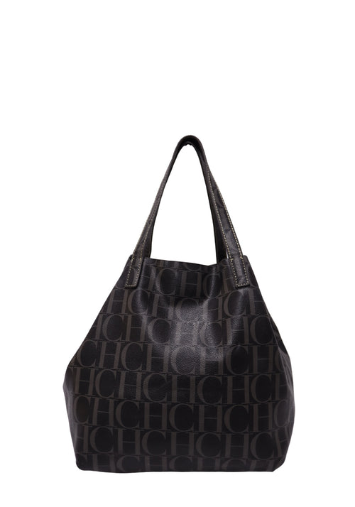 Carolina Herrera CH monogram canvas tote bag with black leather shoulder straps and an open-top design.