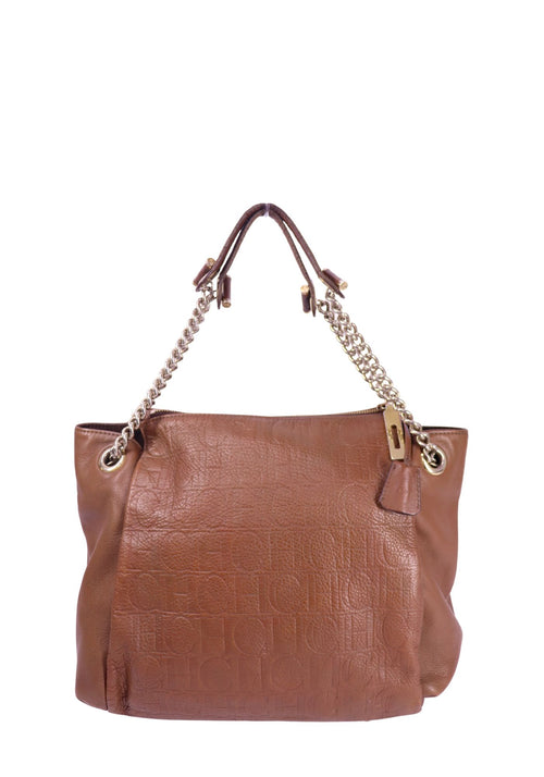 Carolina Herrera brown leather shoulder bag with embossed monogram pattern and chain straps