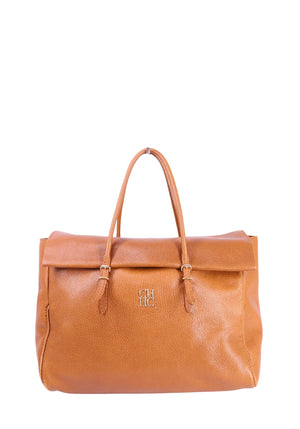 Carolina Herrera brown pebbled leather tote bag with top handles and CH logo