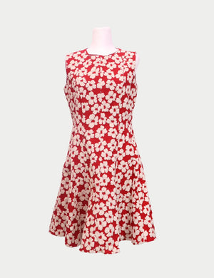 Carolina Herrera sleeveless red floral A-line dress with ivory hibiscus print

