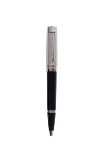 Cartier Santos-Dumont ballpoint pen with textured palladium-finish grip, black lacquer barrel, and silver-tone clip.