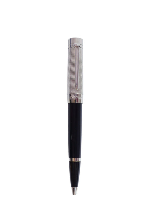 Cartier Santos-Dumont ballpoint pen with textured palladium-finish grip, black lacquer barrel, and silver-tone clip.