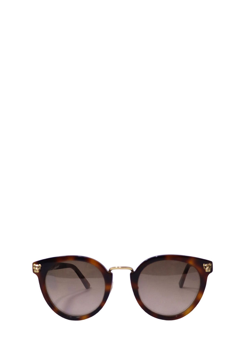 Cartier tortoise shell sunglasses featuring round acetate frames, gradient lenses, gold-tone temple accents, and a classic luxury eyewear design