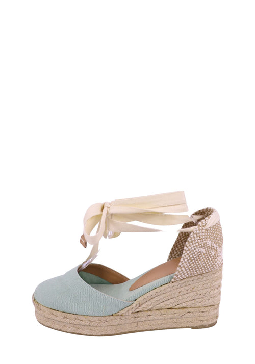Castañer mint green canvas espadrille wedge heels with lace-up ankle ties