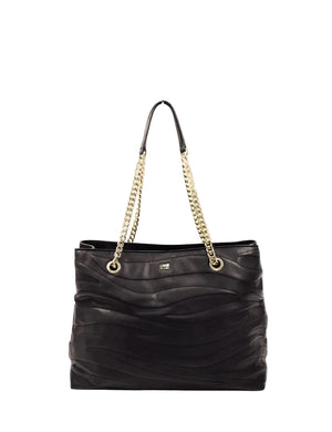 Class Cavalli black leather tote bag with gold chain shoulder straps and textured design