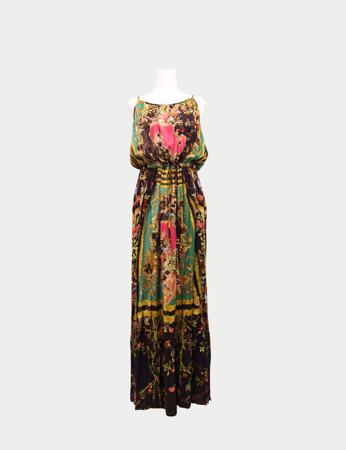 Roberto Cavalli printed silk maxi dress with floral and baroque motifs, low back, and spaghetti straps

