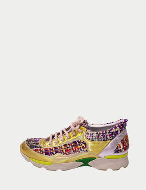 Chanel multicolor tweed sneaker with metallic gold panels