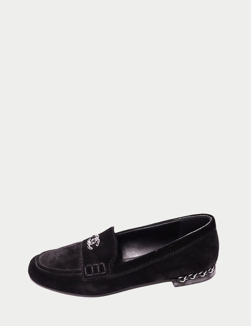 Chanel black suede loafers with CC logo and silver chain heel