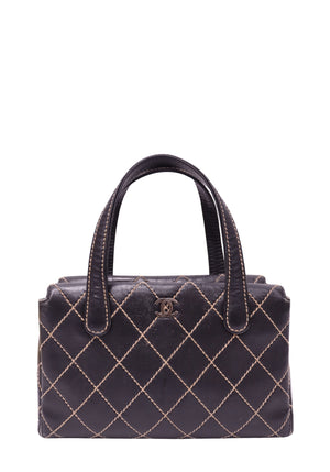 Vintage Chanel Wild Stitch black leather mini tote bag with beige contrast diamond stitching and CC logo