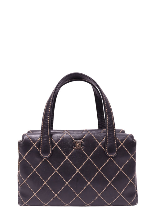 Vintage Chanel Wild Stitch black leather mini tote bag with beige contrast diamond stitching and CC logo